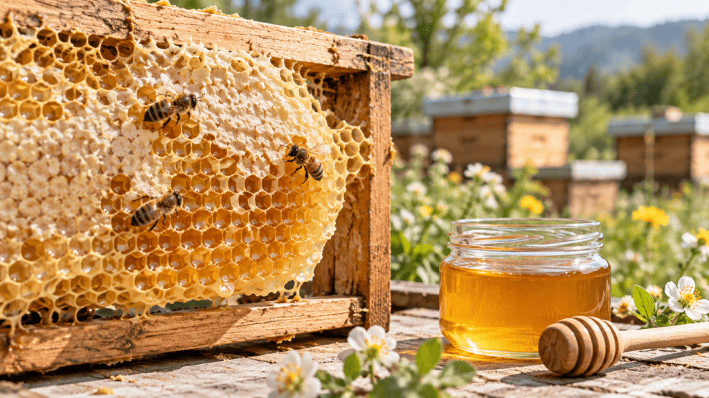 Honeybees on a wooden honeycomb frame beside a jar of light amber honey.