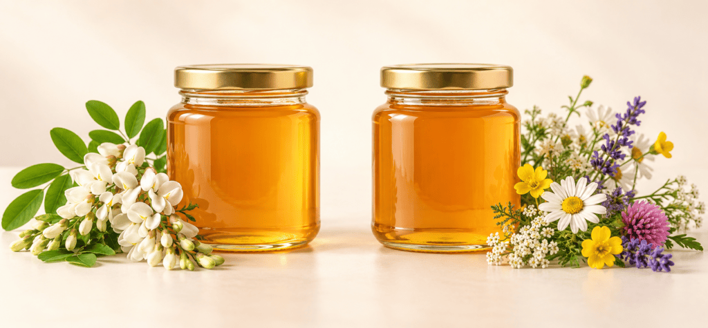 Two glass honey jars representing monofloral and multiflora honey with single-source and mixed flowers.